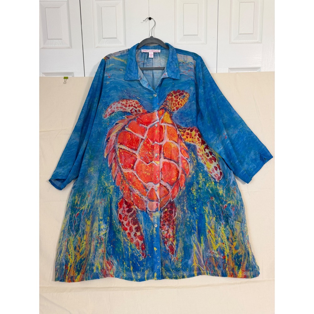 Leoma Lovegrove Sea Turtle Art Tunic Shirt Womens XL Blue Orange Button Up Long